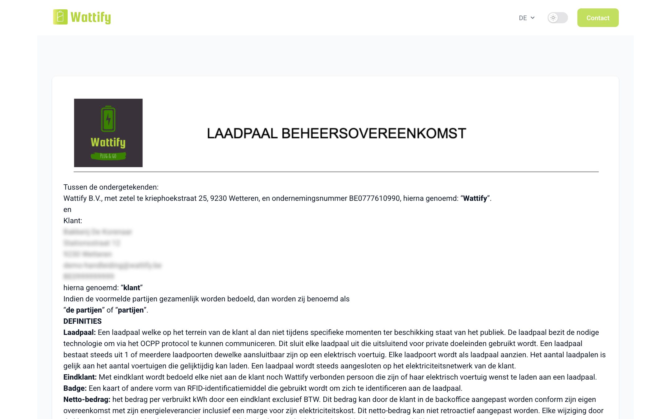 Die Seite mit dem Betreibervertrag