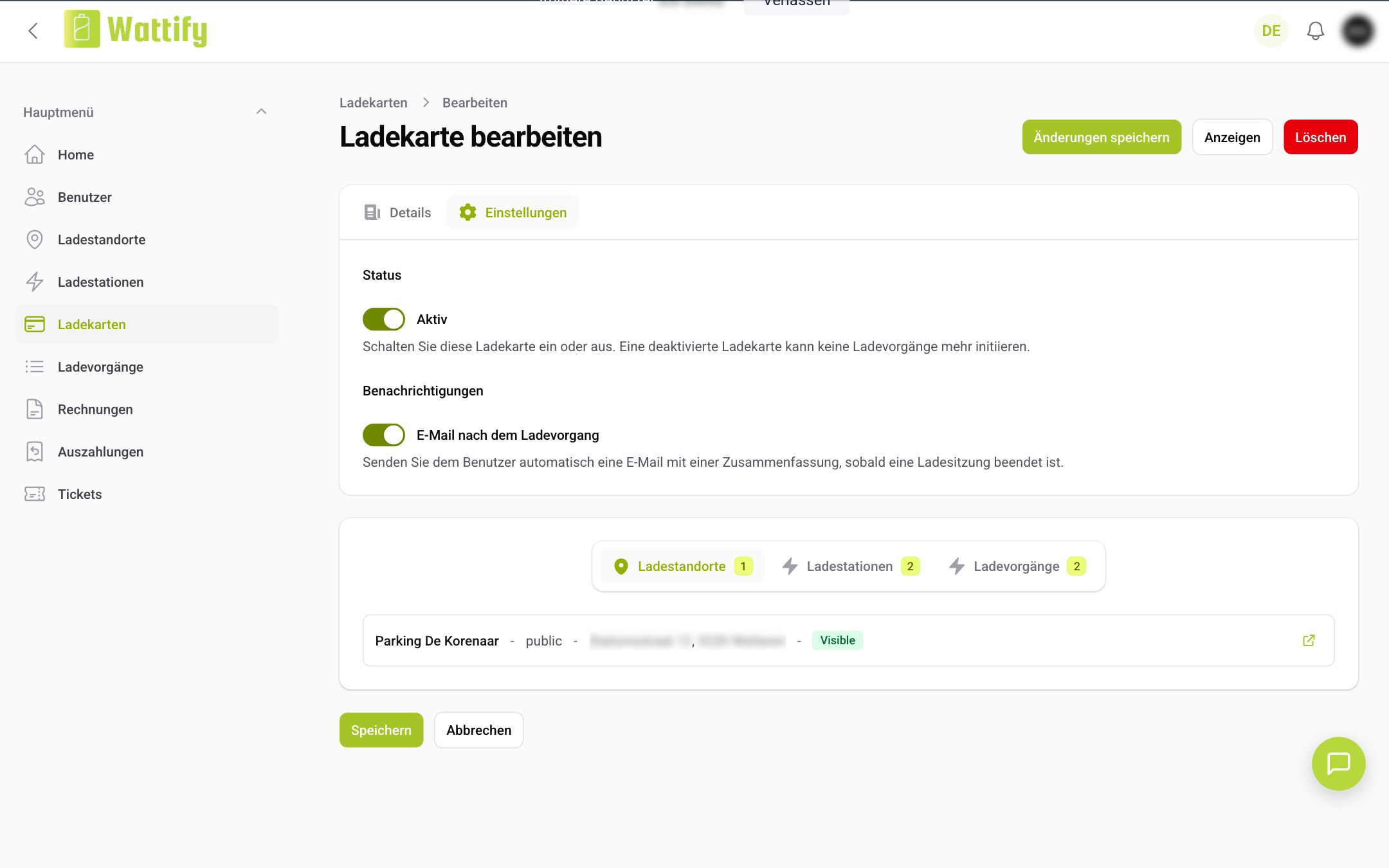 Der Reiter Einstellungen einer Ladekarte