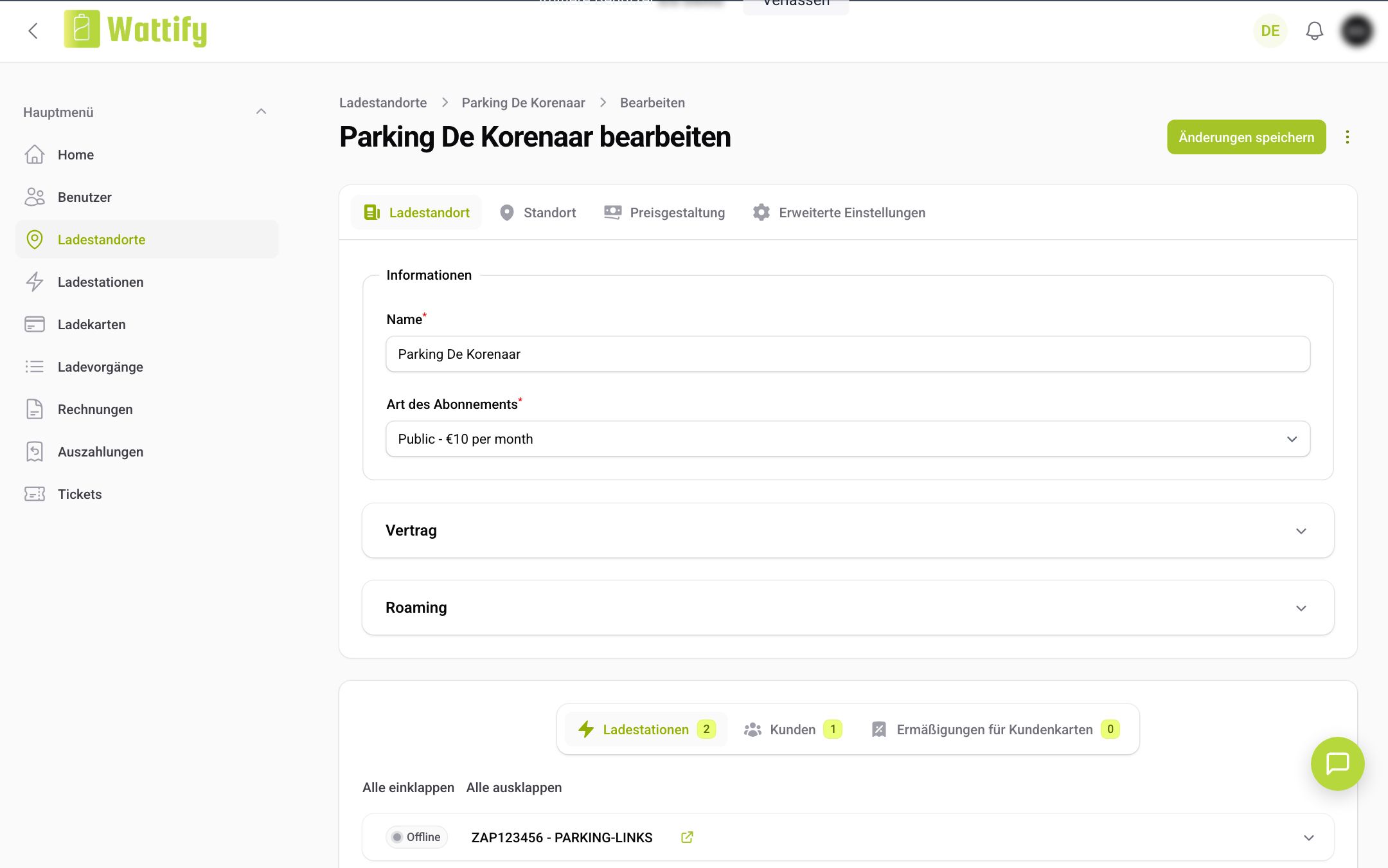 Die Registerkarte Ladestandort des Formulars