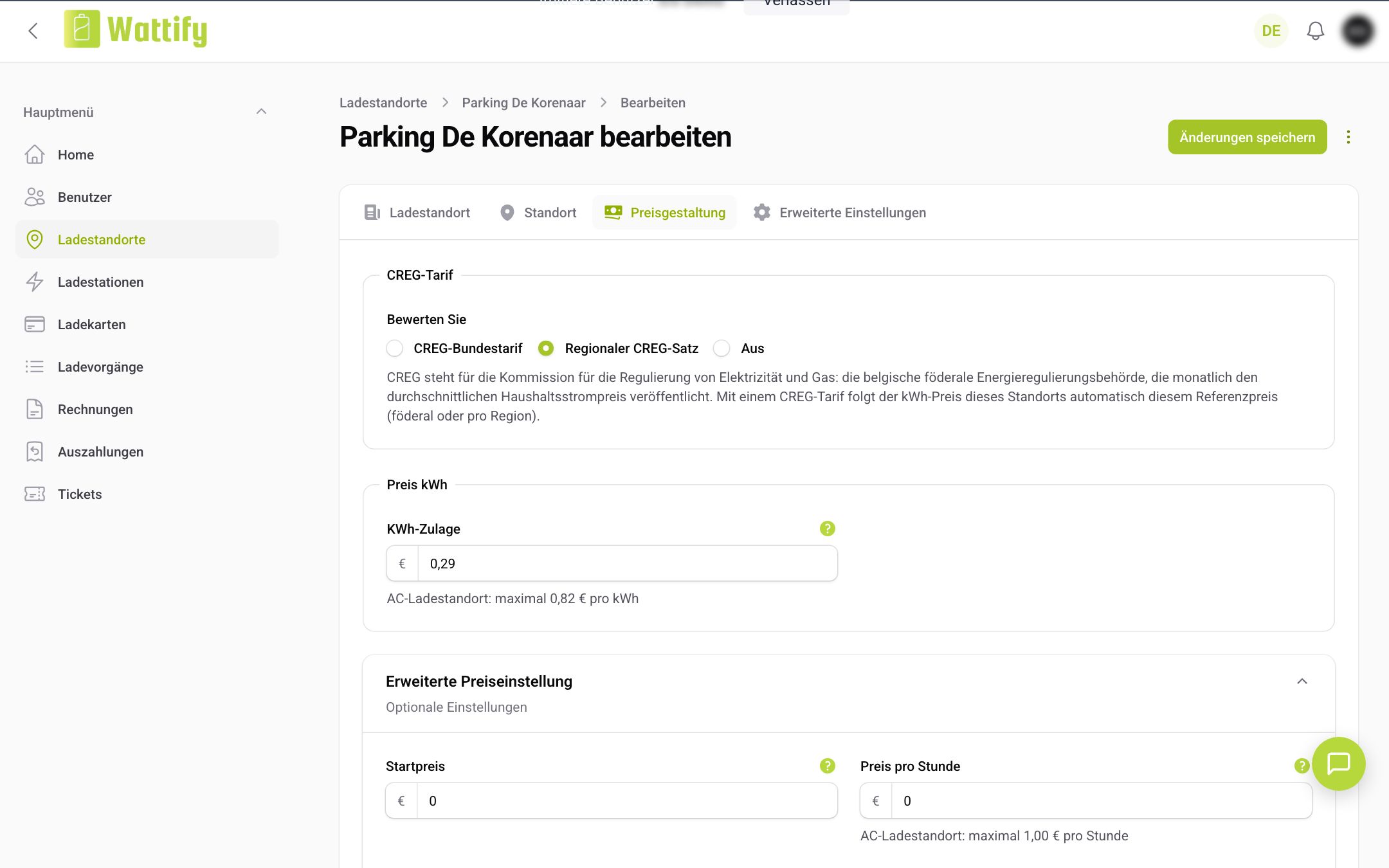 Die Registerkarte Preisgestaltung mit dem CREG-Tarif und der kWh-Zulage