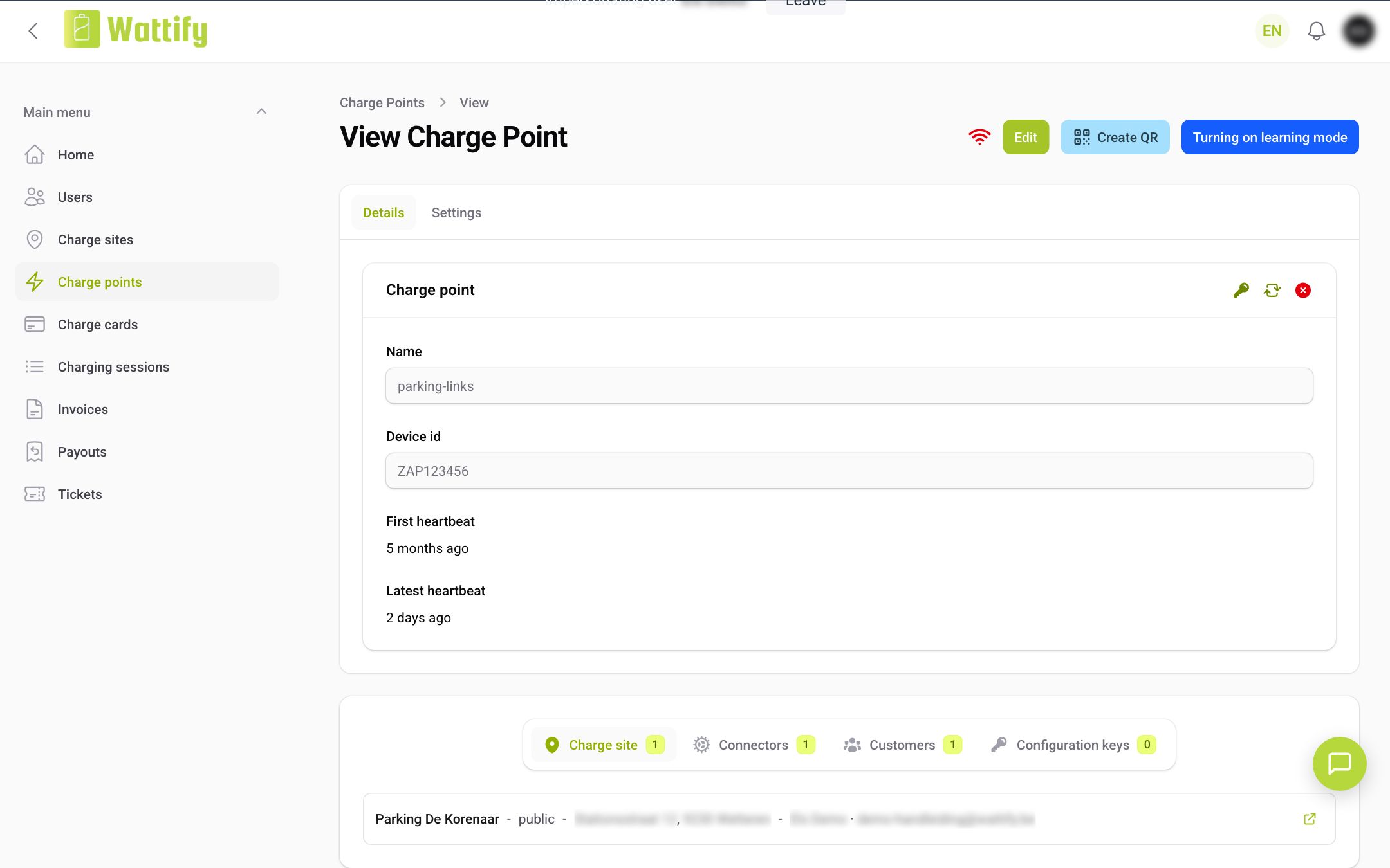 The detail page of a charge point