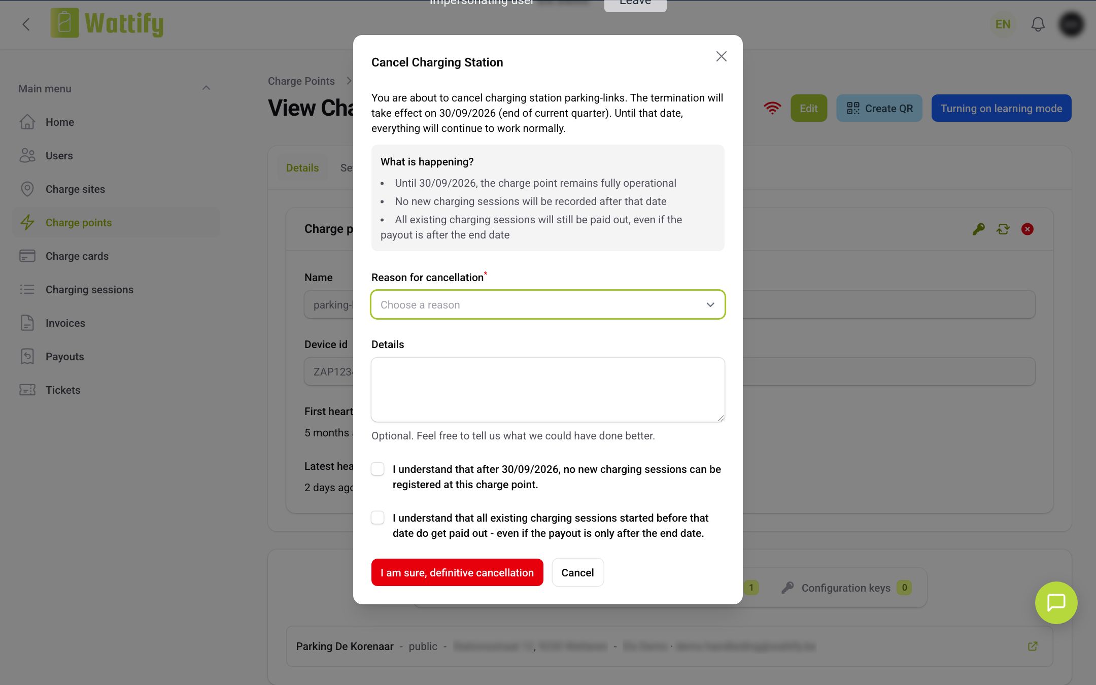 The Cancel Charging Station window