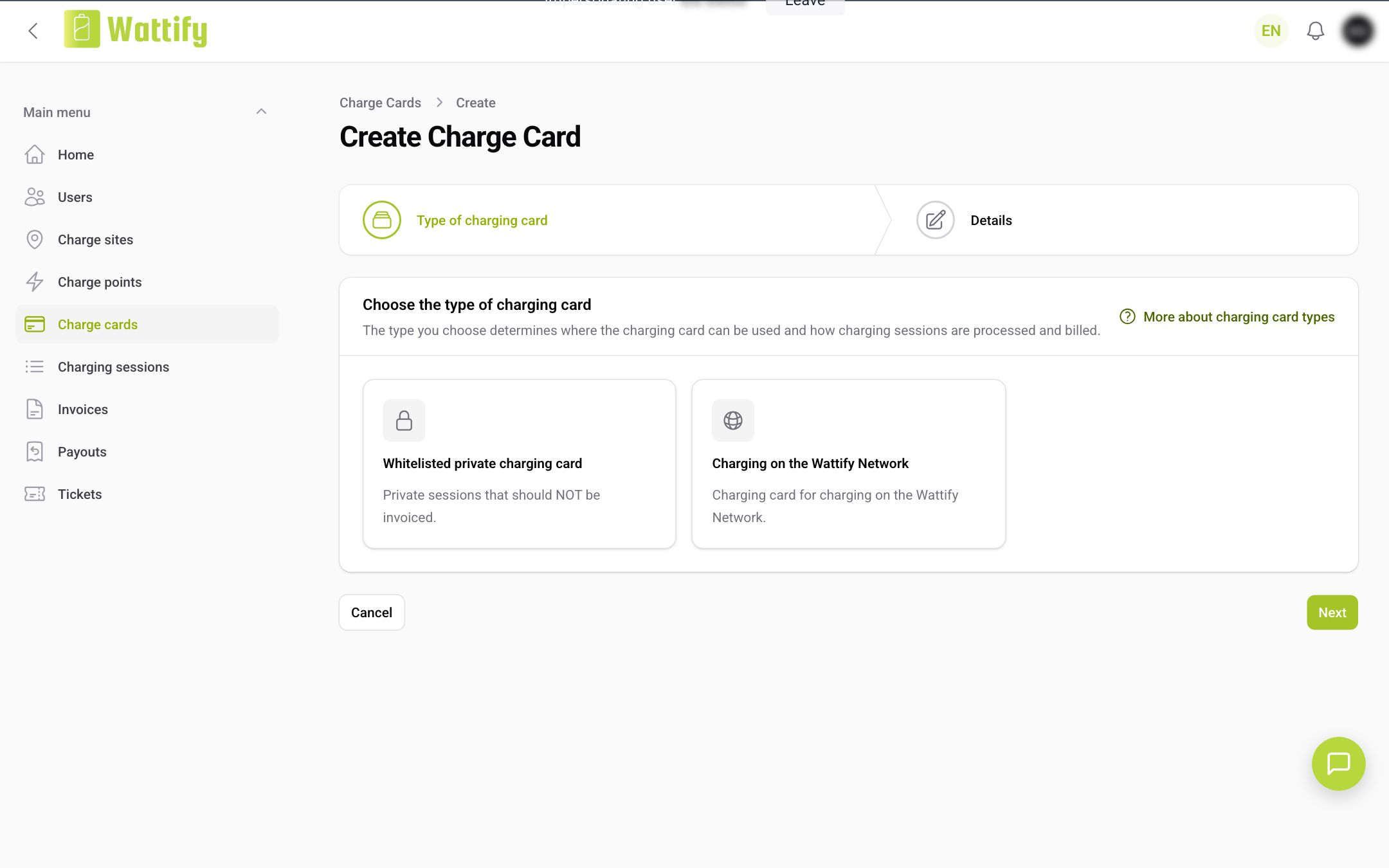 The first step when creating a charge card: choosing the type