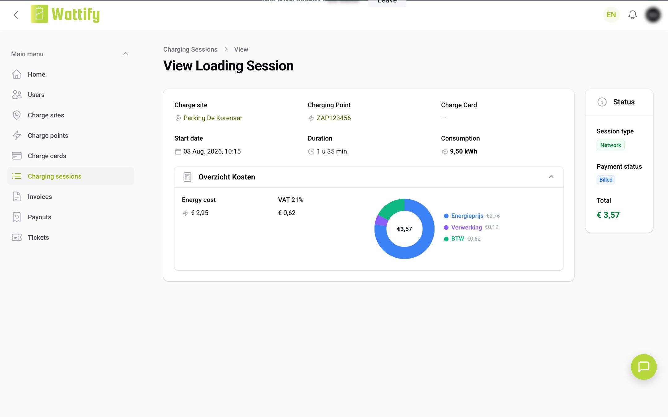 The detail page of a charging session with the Cost overview