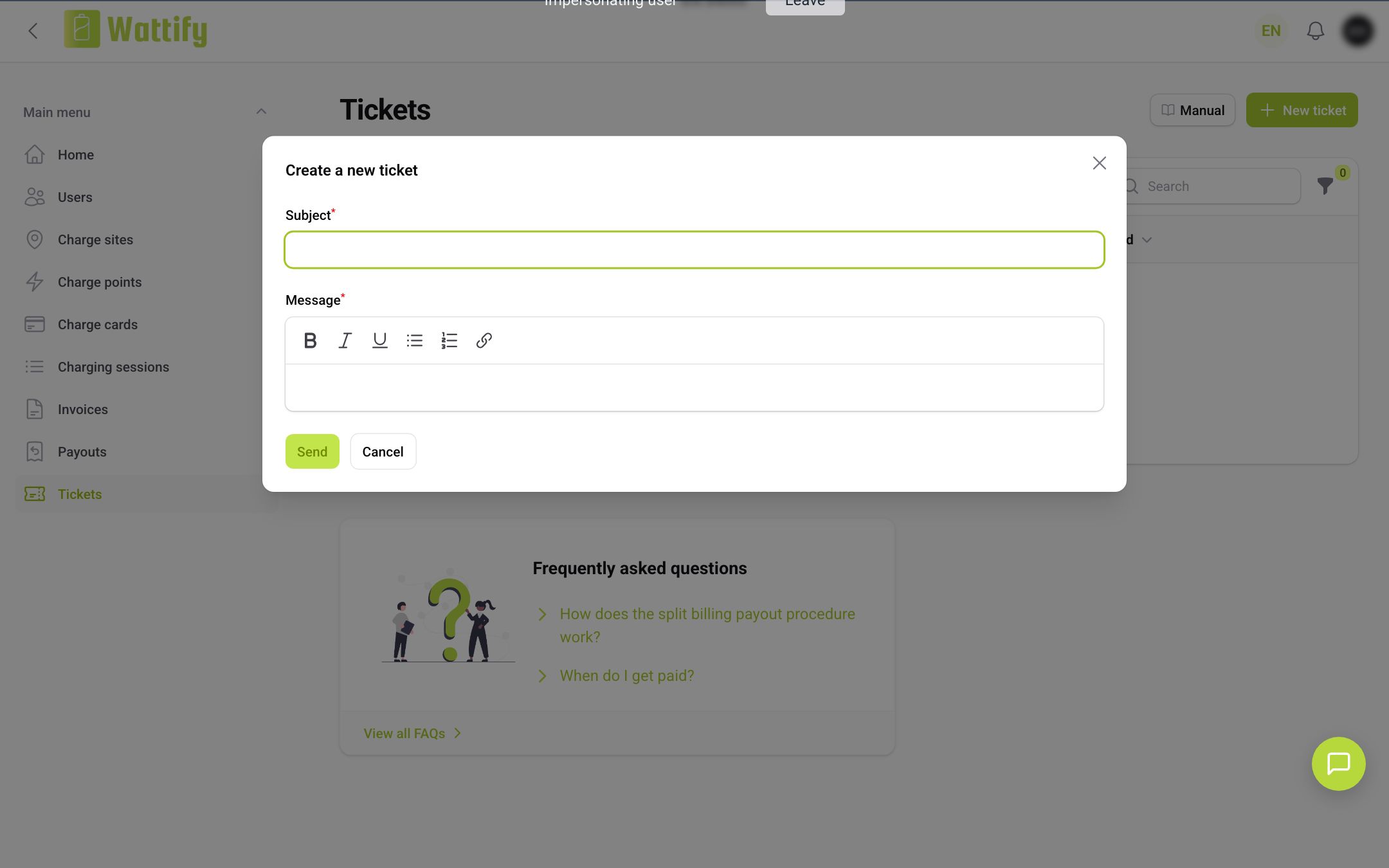 The Create a new ticket window