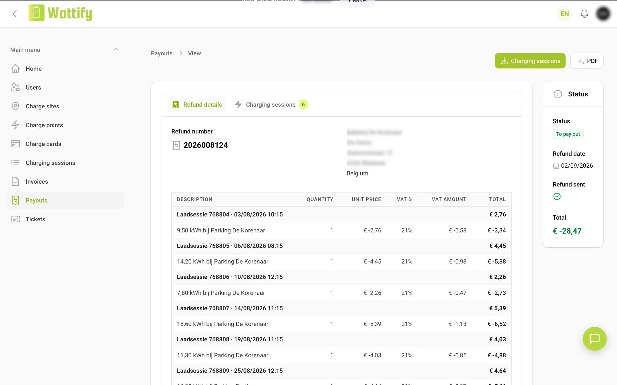 The detail page of a payout