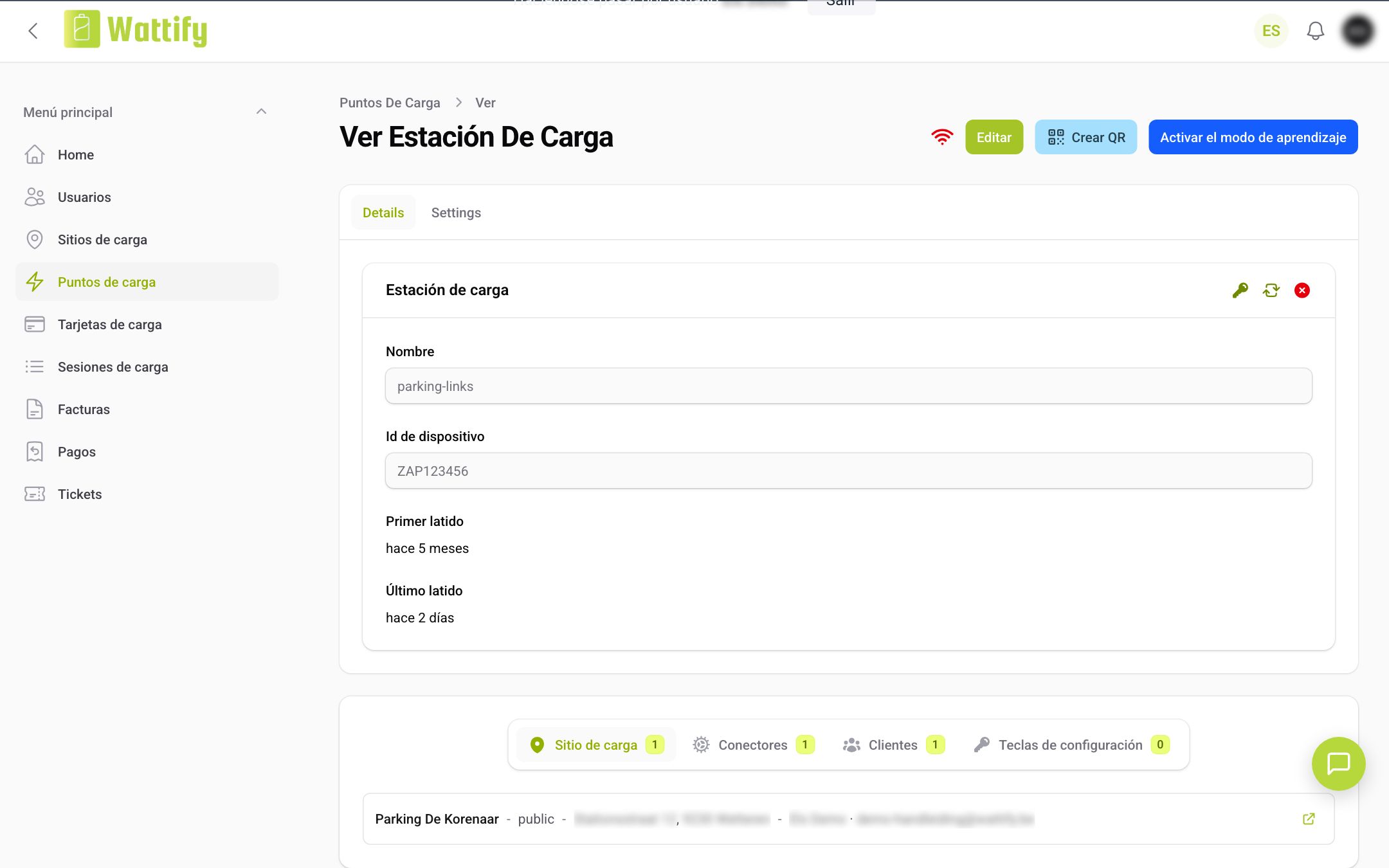 La página de detalle de un punto de carga