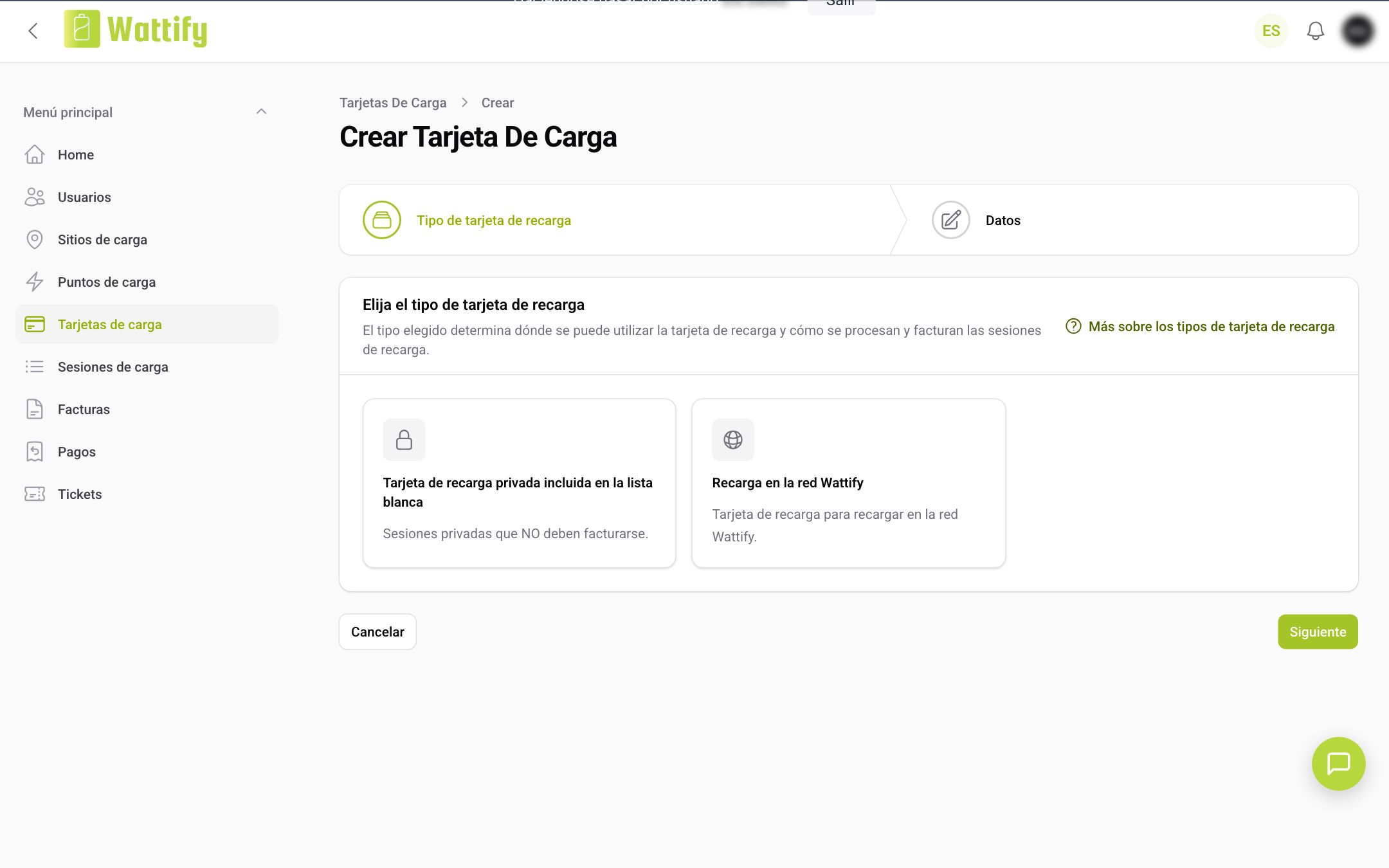 El primer paso al crear una tarjeta de carga: elegir el tipo