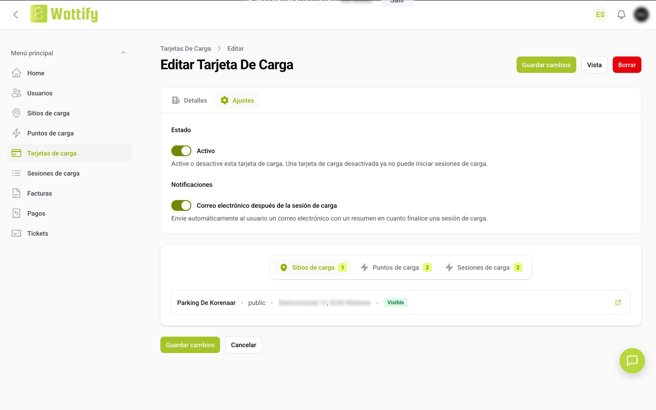 La pestaña Ajustes de una tarjeta de carga
