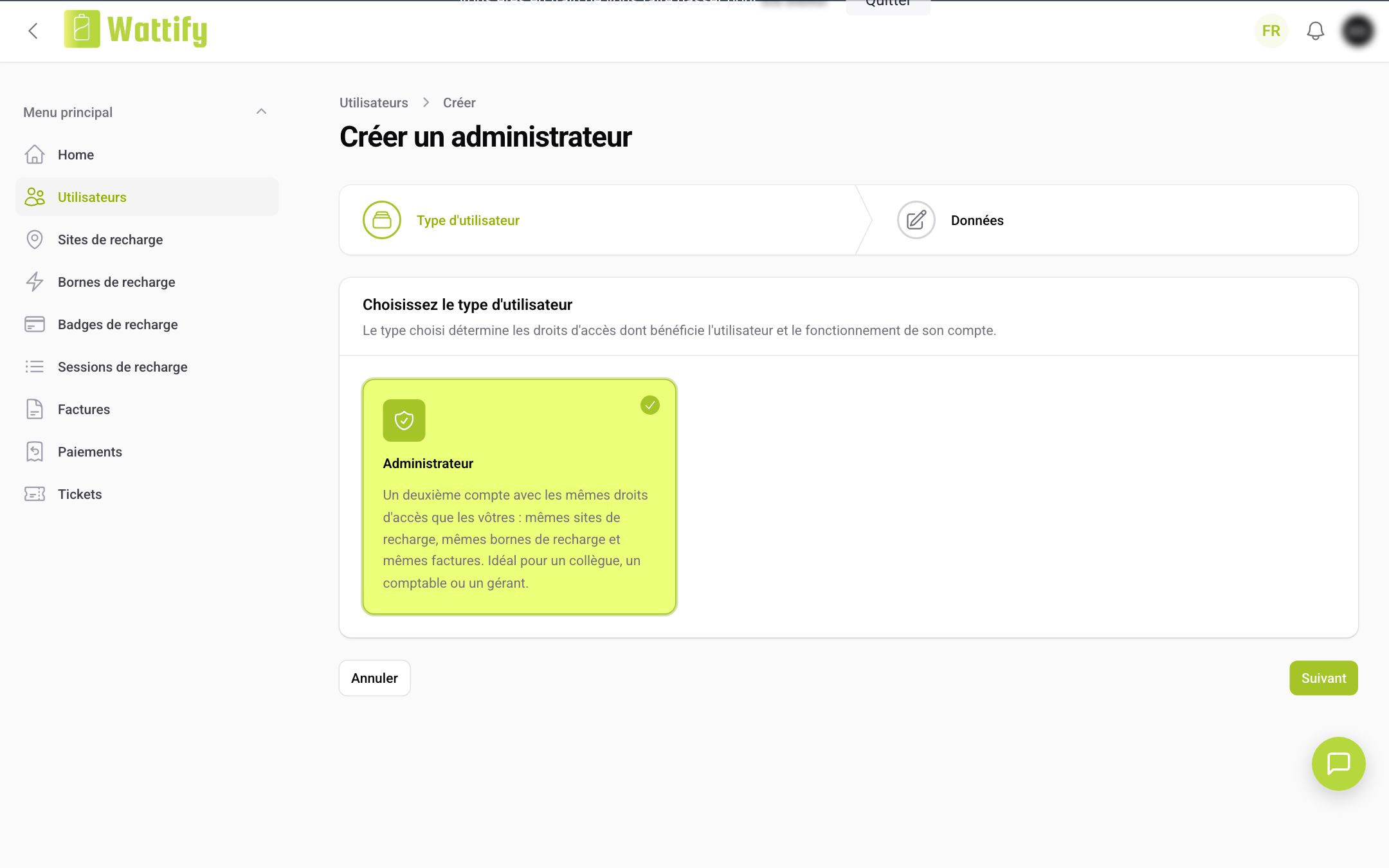 La première étape de la création d'un utilisateur : le choix du type