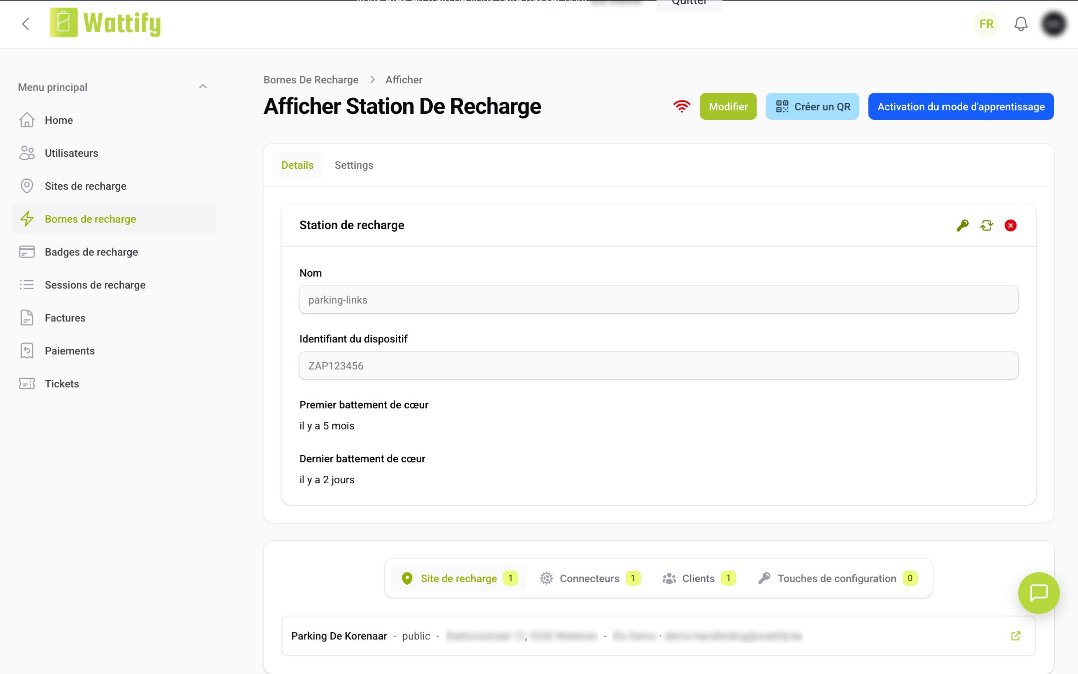 La page de détail d'une borne de recharge