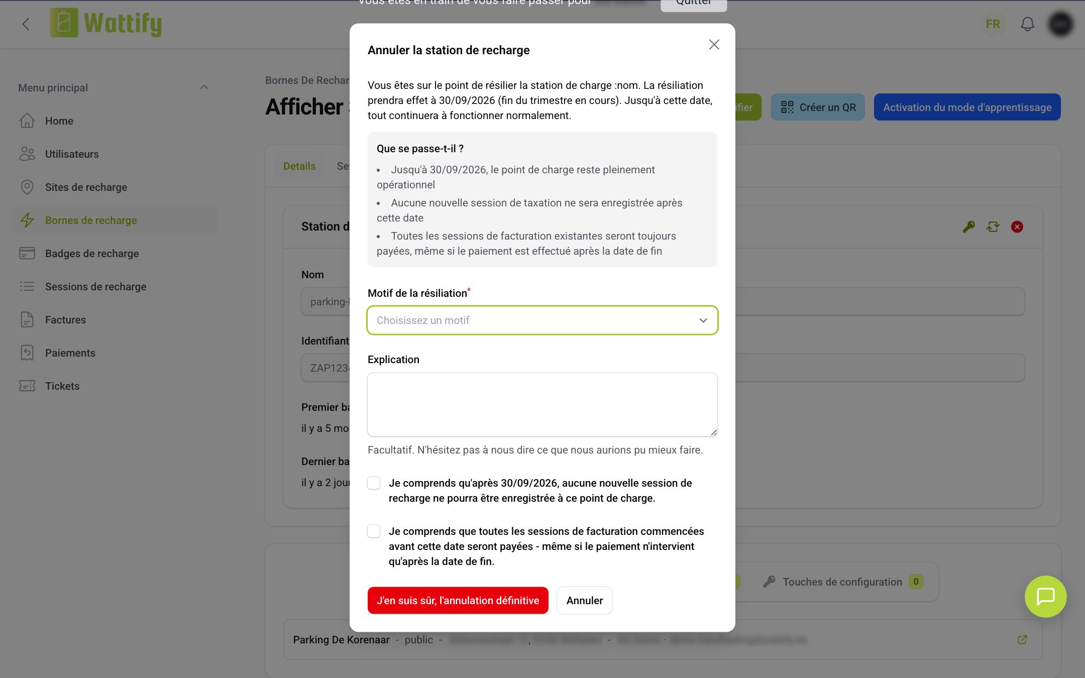 La fenêtre Annuler la station de recharge