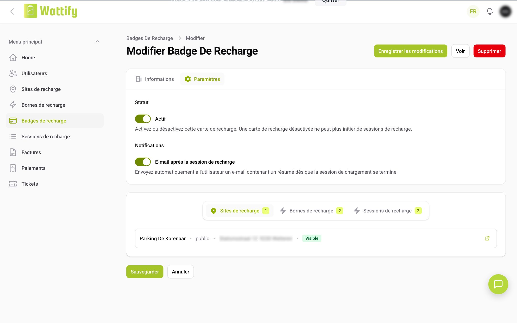 L'onglet Paramètres d'un badge de recharge