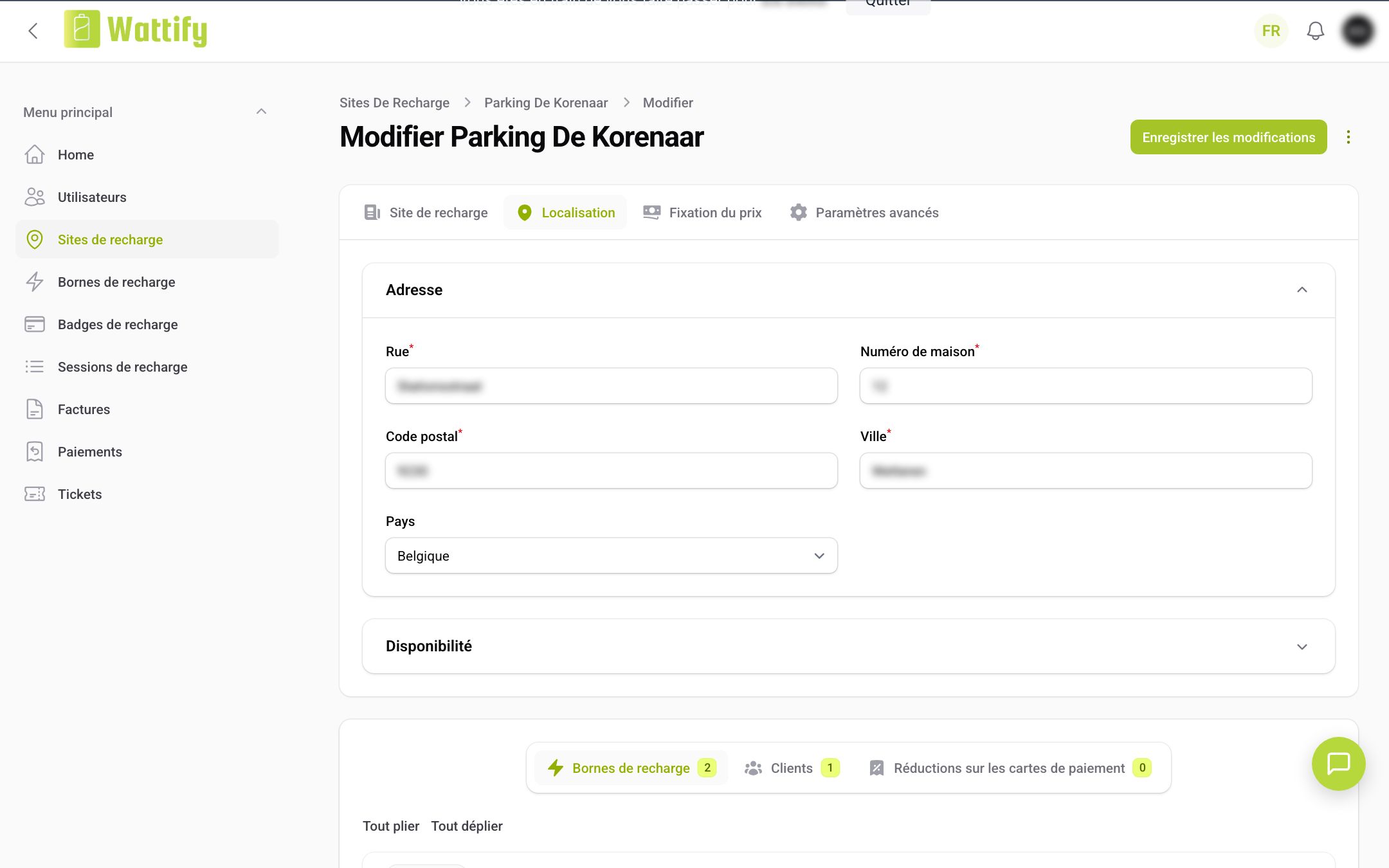 L'onglet Localisation avec l'adresse et la disponibilité