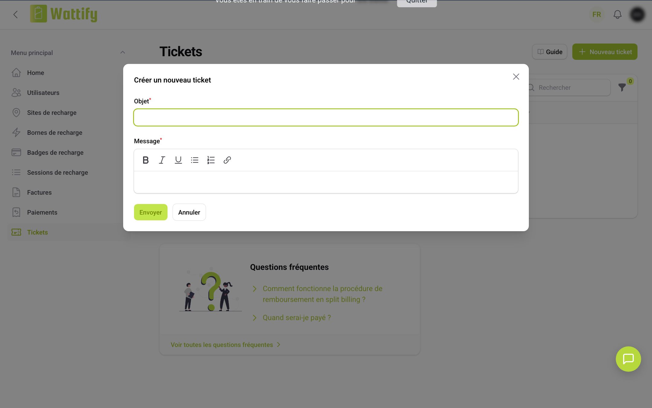 La fenêtre Créer un nouveau ticket