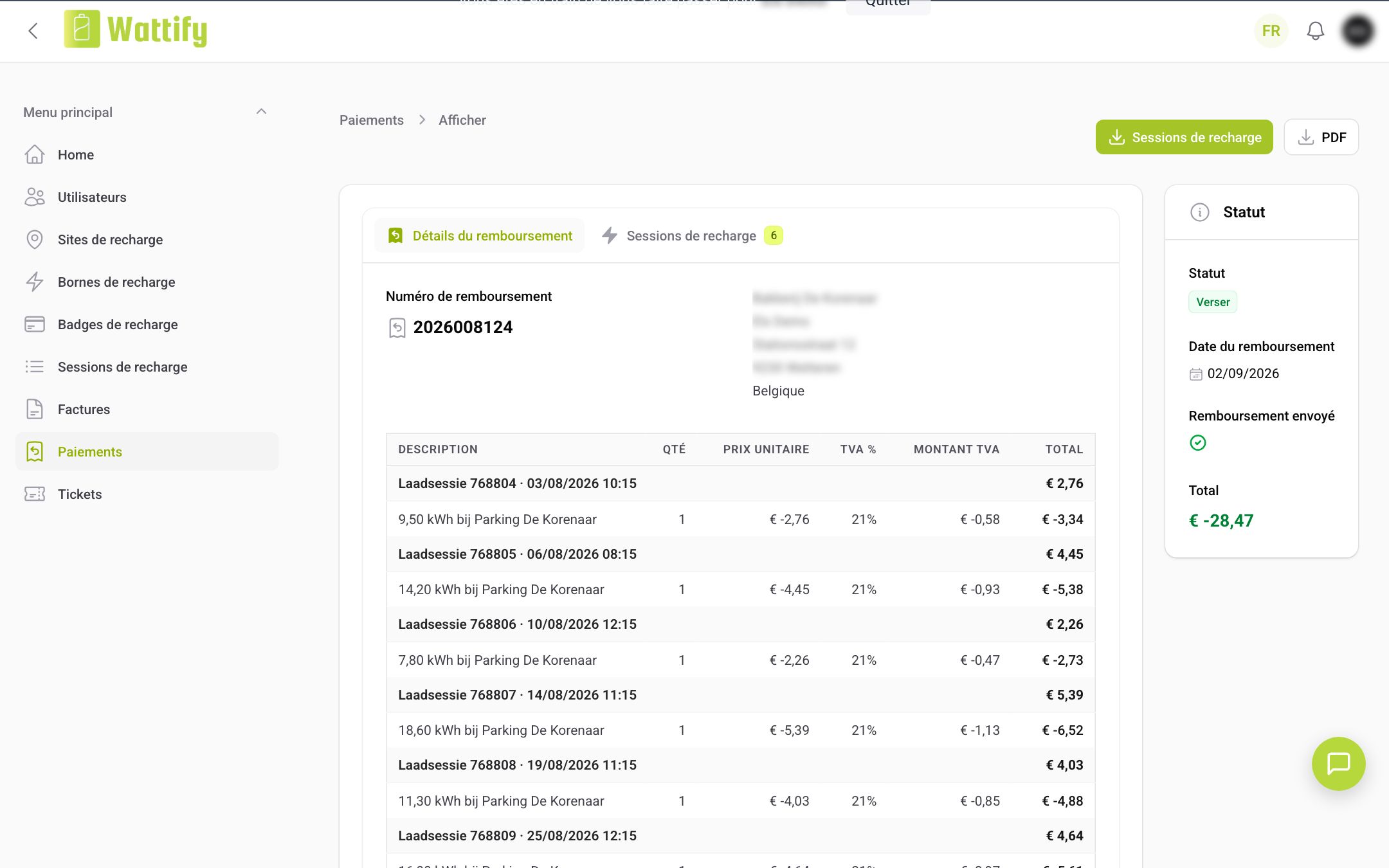 La page de détail d'un paiement