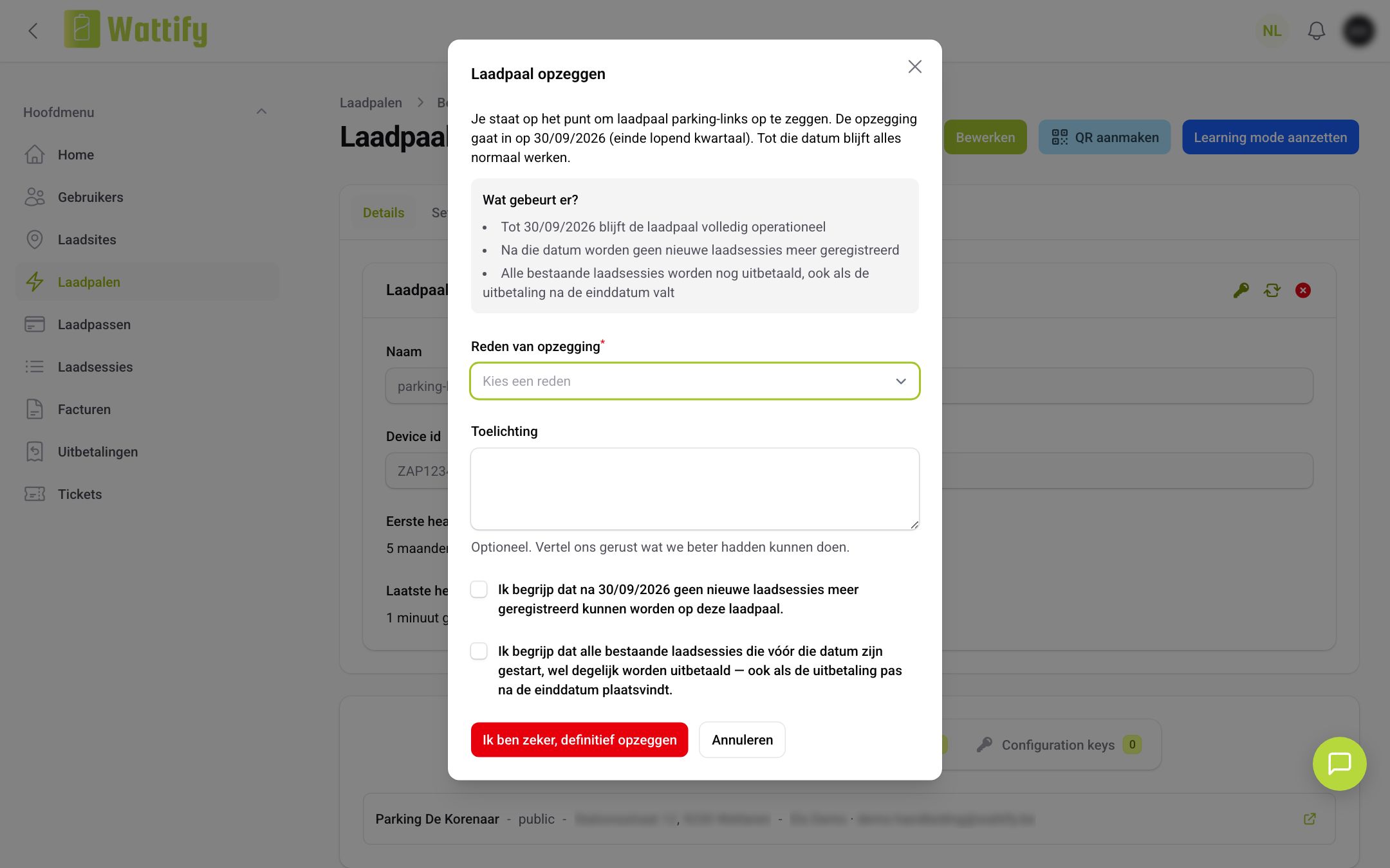 Het venster Laadpaal opzeggen