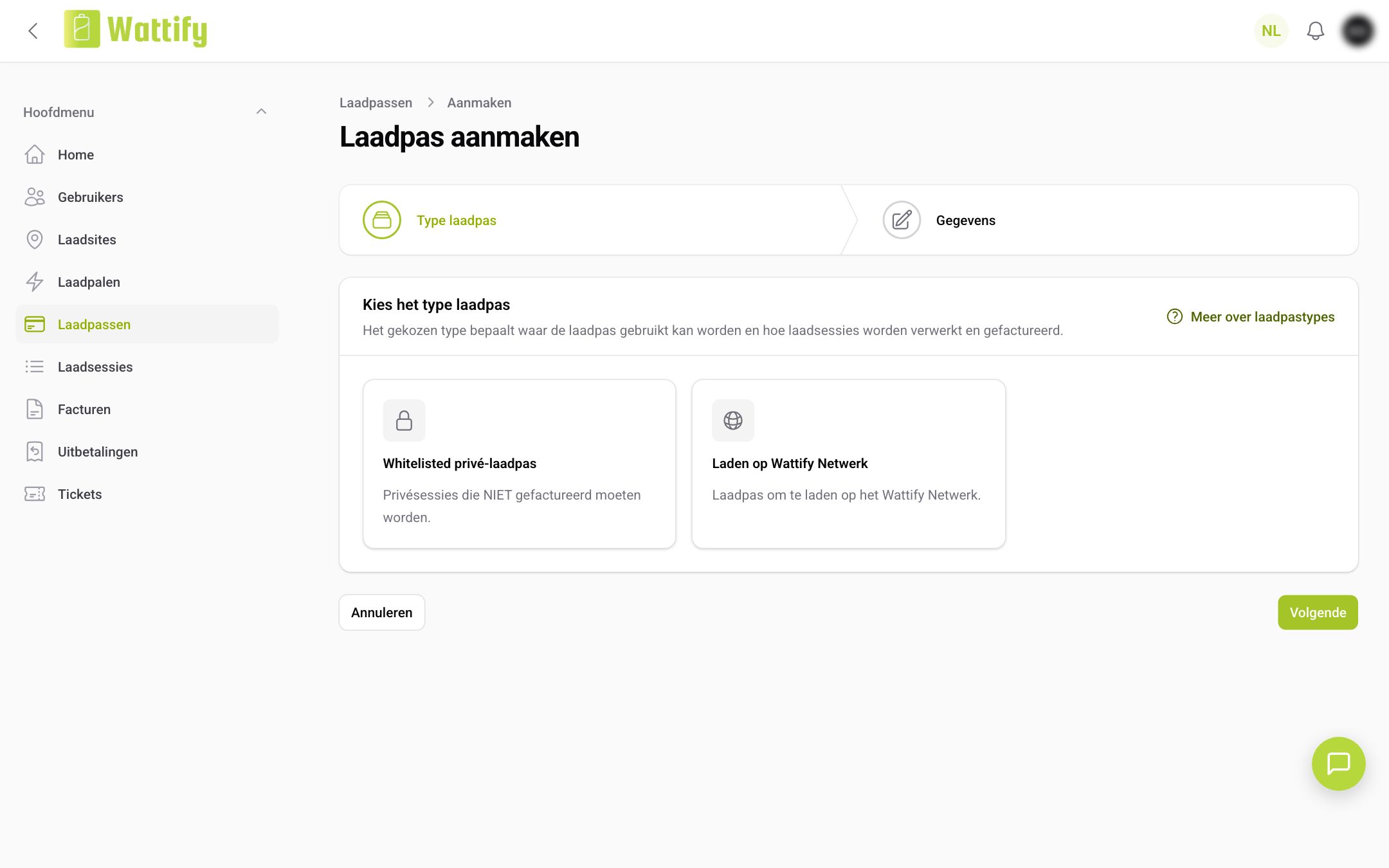 De eerste stap bij het aanmaken van een laadpas: het type kiezen