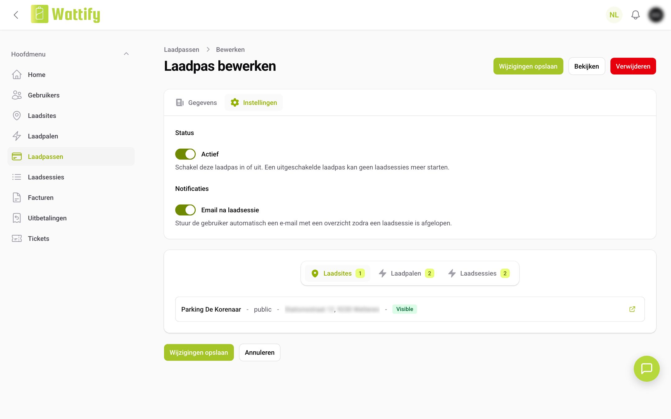 Het tabblad Instellingen van een laadpas