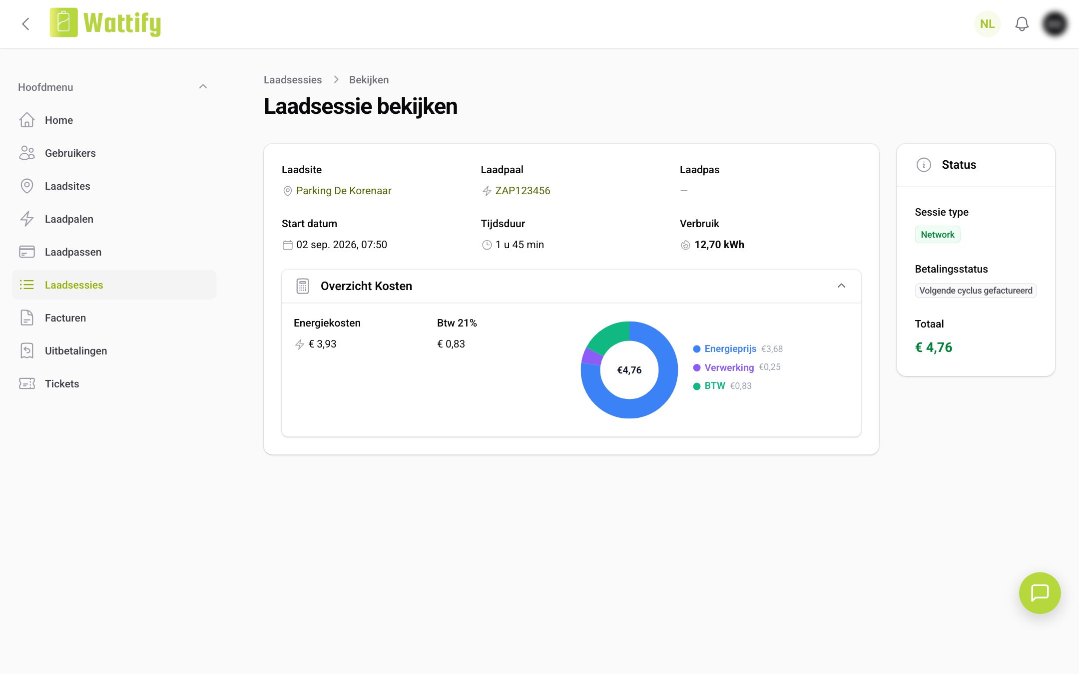 De detailpagina van een laadsessie met het Overzicht Kosten