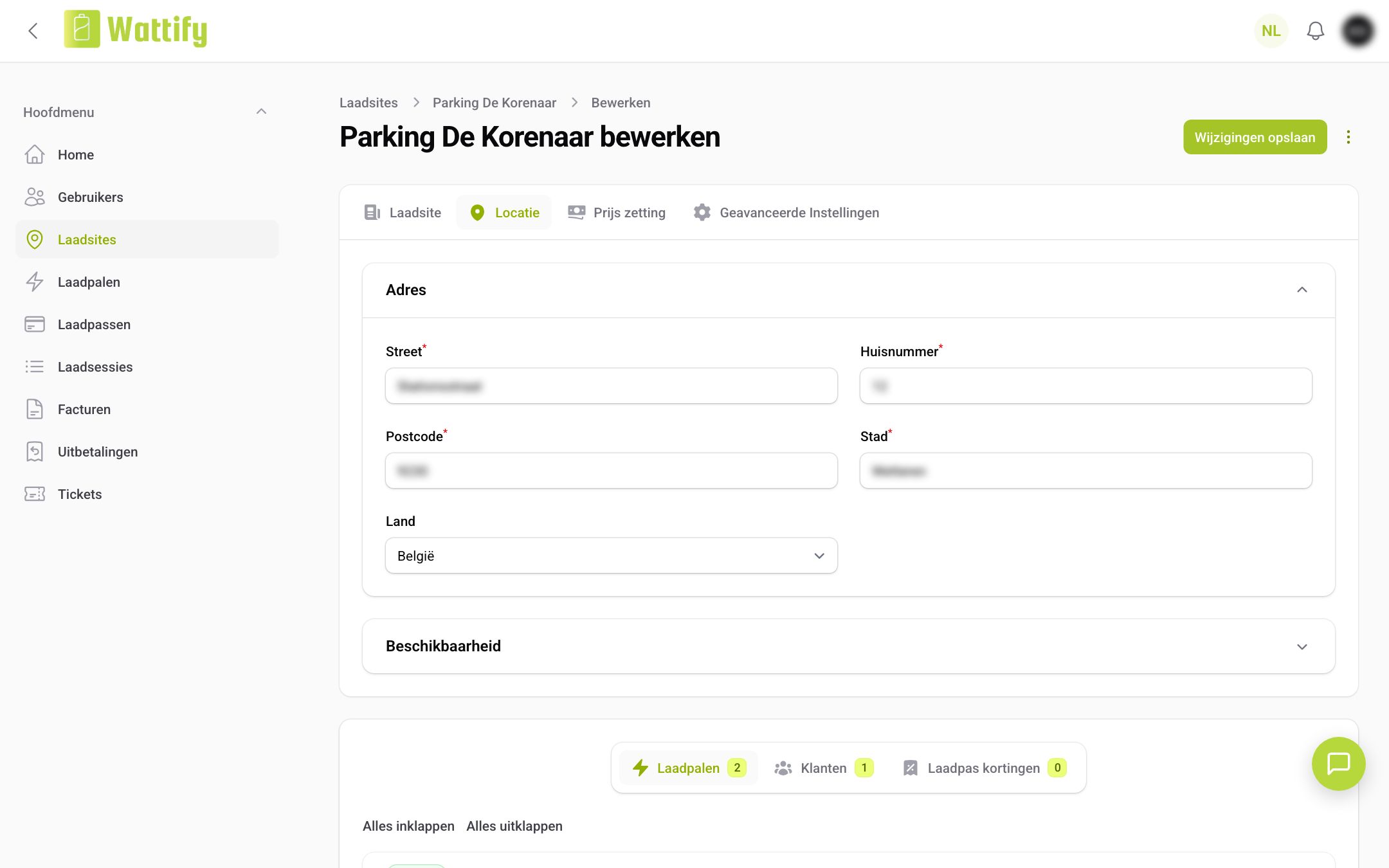 Het tabblad Locatie met het adres en de beschikbaarheid