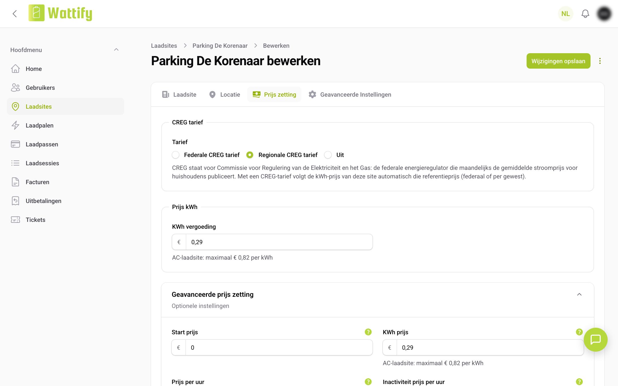 Het tabblad Prijs zetting met het CREG-tarief en de kWh-vergoeding