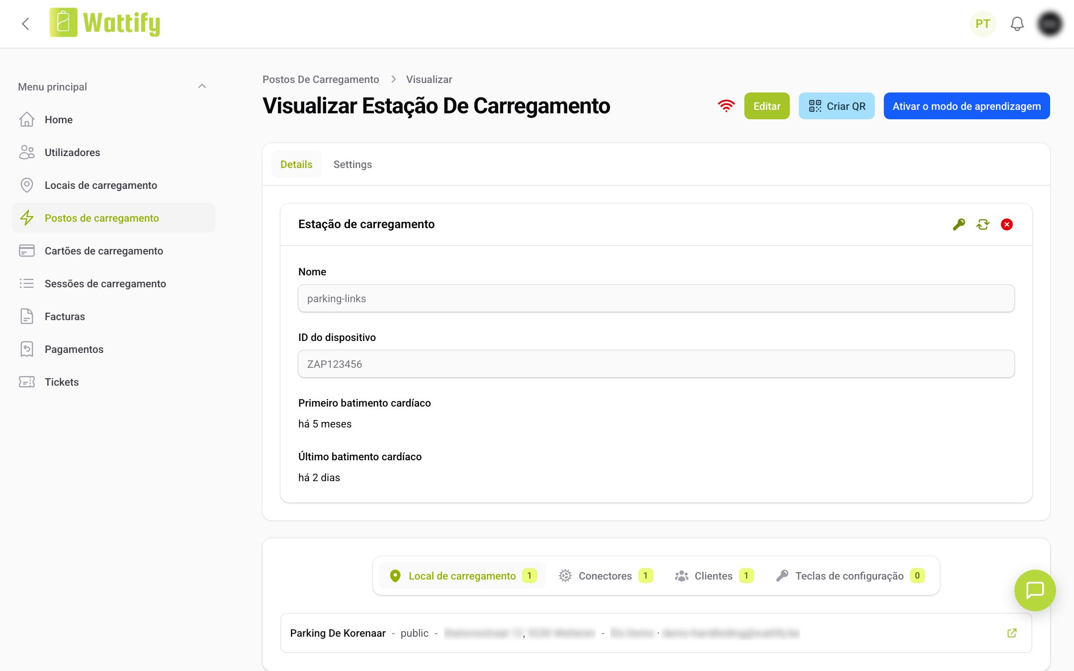 A página de detalhe de um posto de carregamento
