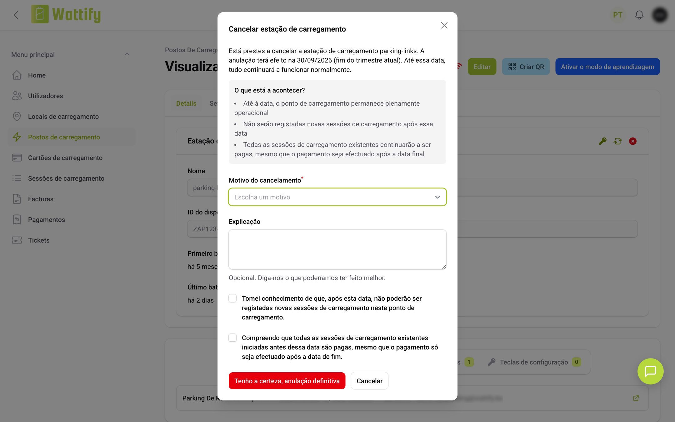 A janela Cancelar estação de carregamento