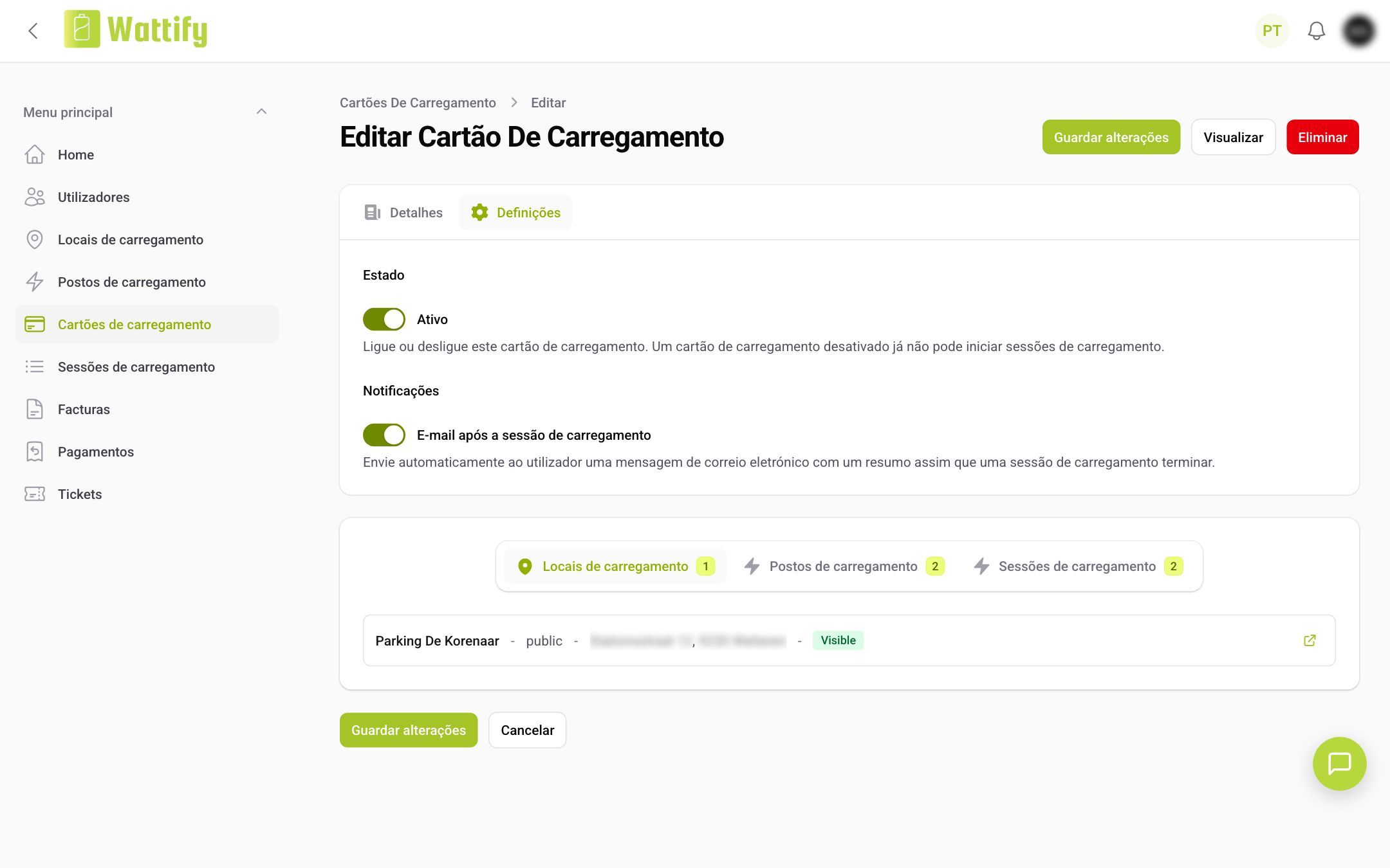 O separador Definições de um cartão de carregamento