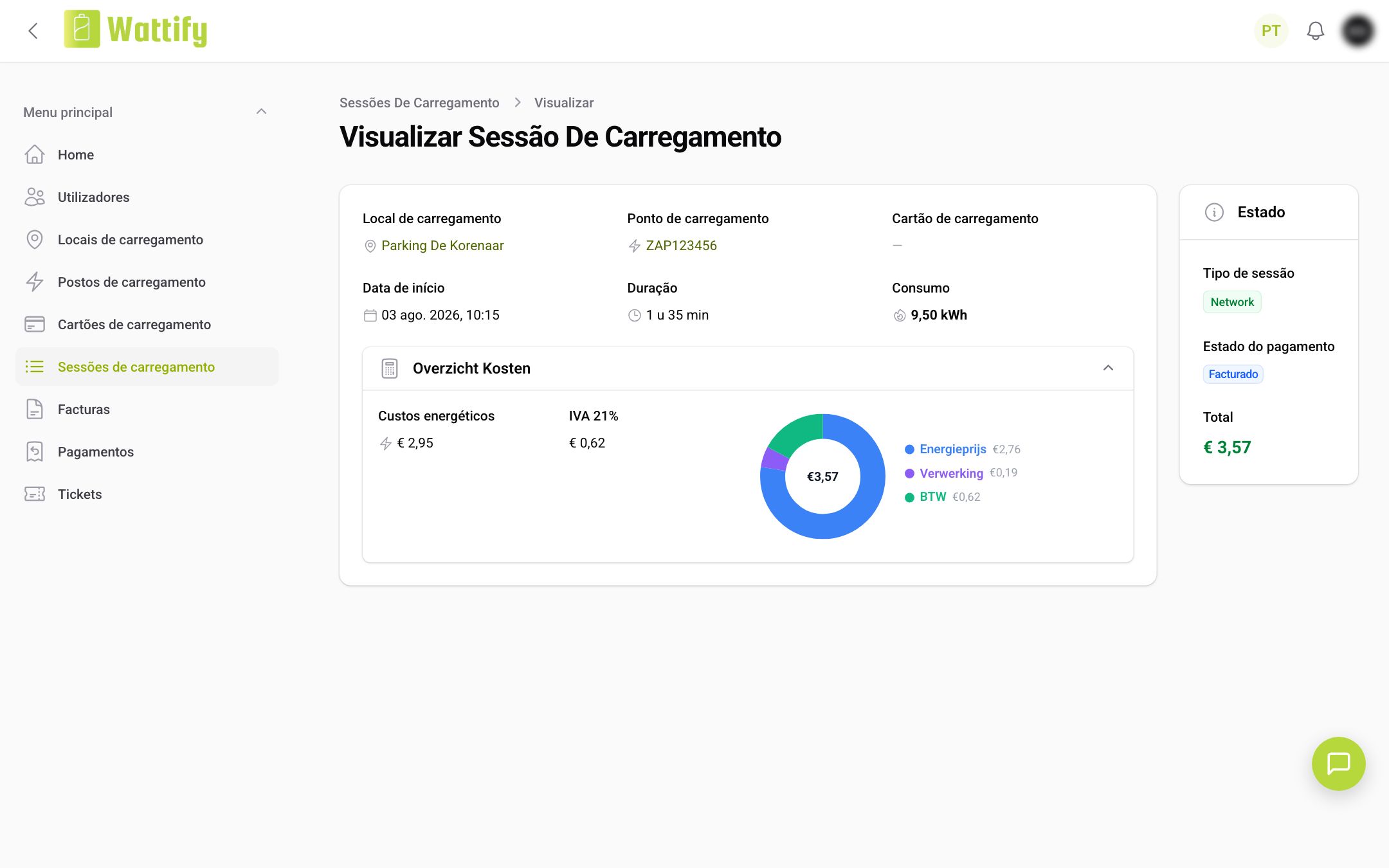 A página de detalhe de uma sessão de carregamento com o Resumo dos custos