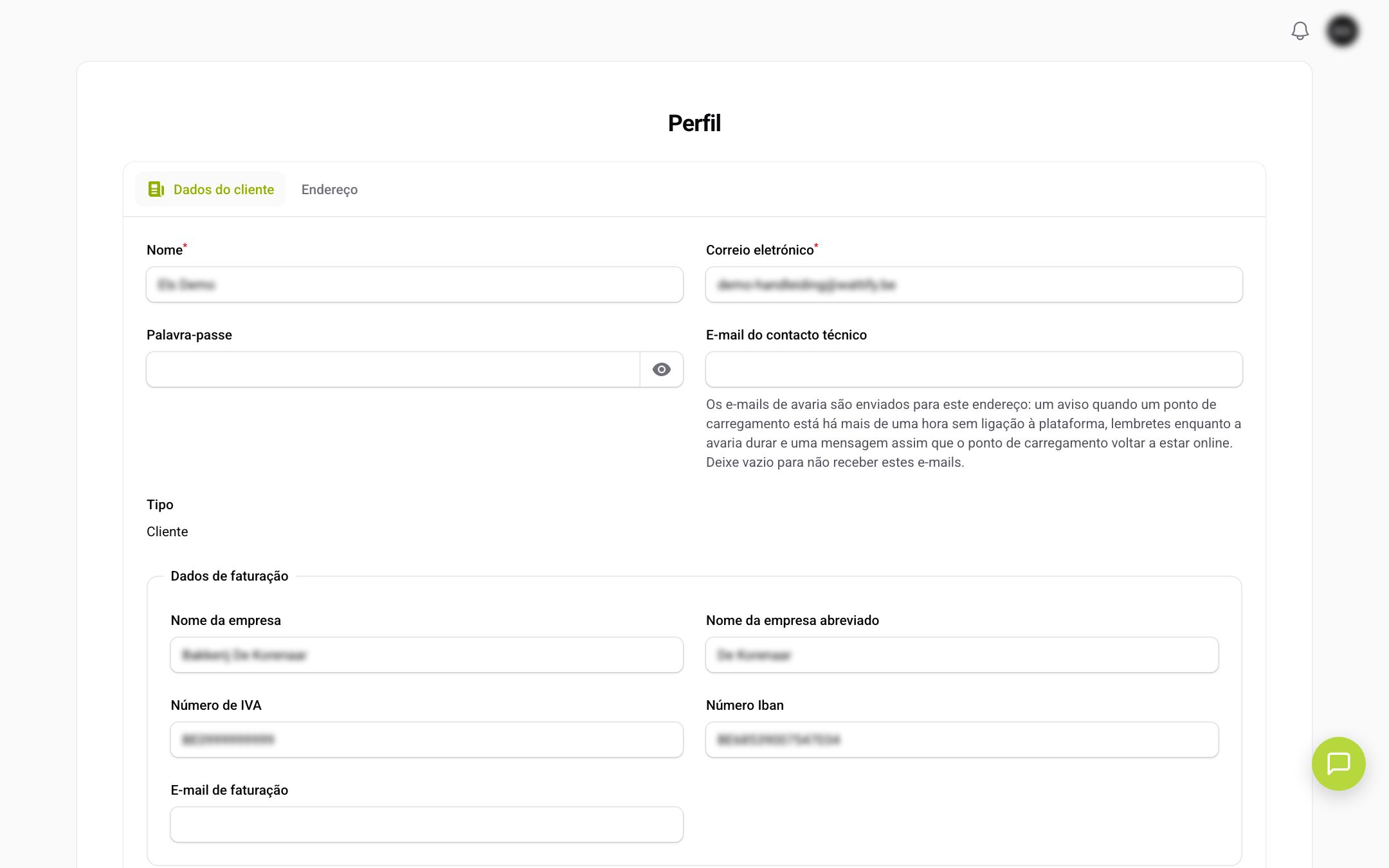 O separador Dados do cliente do seu perfil